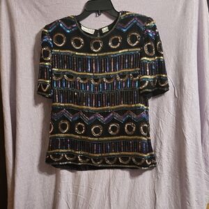 Laurence Kazar Sequin & Beaded Formal Blouse Size M Vintage 1980s